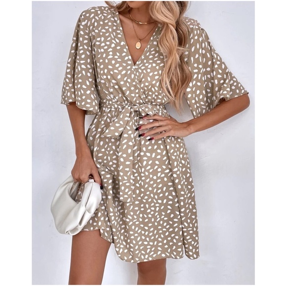 Boho coral Leopard Print Butterfly Sleeve Mini Dress - Picture 4 of 11